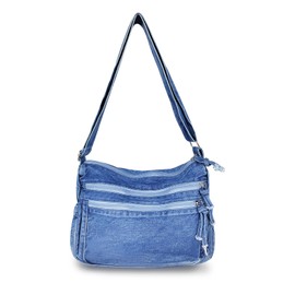 AdiStylinno Denim Shoulder Bag for Women, Large Capacity Canvas Jean Tote Bag Retro Casual Hobo Messenger Bag, Lightweight Crossbody Bag with Multi Pockets and Adjustable Shoulder Strap (Blue)