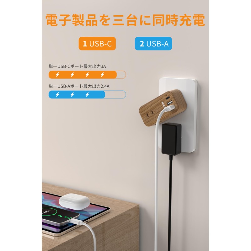 MSCIEN Power Strip Outlet with USB, Type C, Wood Grain,