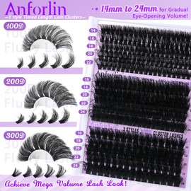 Lash Clusters 14-24mm Eyelash Clusters 100D+200D+300D Thick Volume Lash Extension 275pcs Fluffy Eyelash Extensions D Curl DIY Individual 3 Style Cluster Lashes at Home by Anforlin