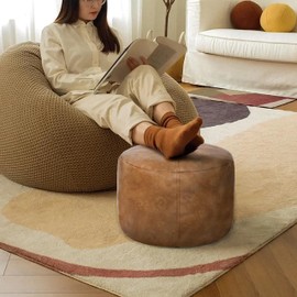 Thgonwid Unstuffed Faux Leather Pouf Cover, Handmade Footstool Ottoman Storage Solution, Floor Footrest Cushion - 16.5”Dx12”H, (No Stuffing), Mocha