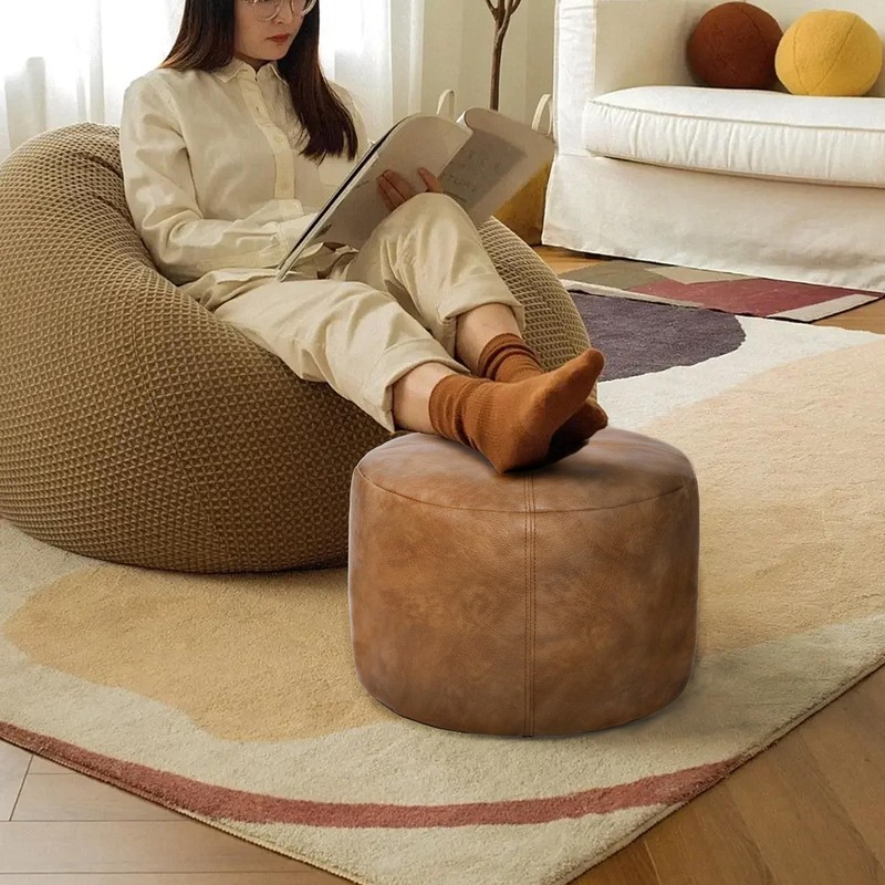 Thgonwid Unstuffed Faux Leather Pouf Cover, Handmade Footstool Ottoman Storage