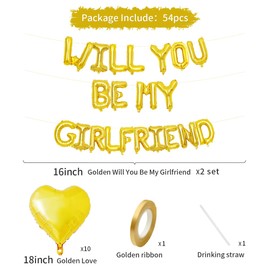 2 Set 16 Inch Will You Be My Girlfriend Balloons Banner, Gold Proposal Letter Balloons with 6 Heart Shaped Balloons for Romantic Decorations, Engagements, Anniversaries, Valentines Day Decor