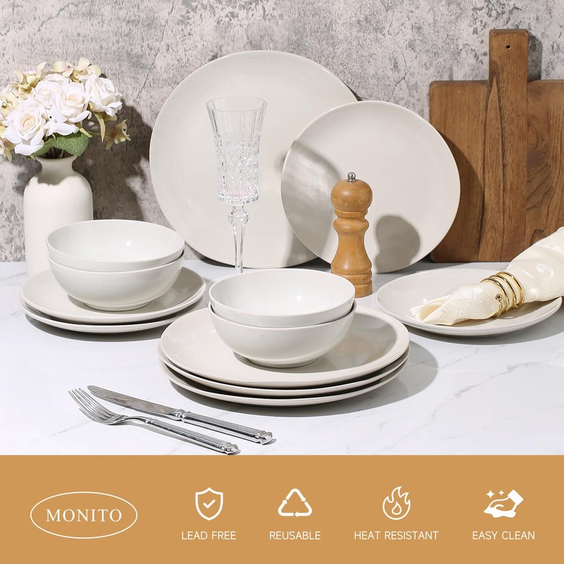Ceramic Dinnerware 12 Pieces glazed cream white Dinner Set,Plates Pasta