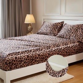 MR&HM Satin Fitted Sheet Queen Size, Silky Bottom Sheet with Elastic Corner Straps, Deep Pocket up to 15 Inch, No More Slipping Off for Mattress - 1 Fitted Sheet Only (Brown Leopard)