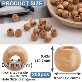 HINZIC 200pcs Large Hole Wooden Beads, Round Wood Hair Beads, Vintage Wooden Spacer Beads for Earrings Bracelets Anklets Jewelry Making Hair Accessories Keychains DIY Crafts- Light Coffee