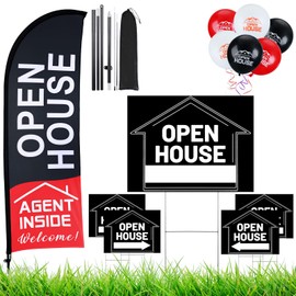 Buryeah Buryeah Open House Signs Set (36 Pcs Total), 1 Open House Flag with Pole Kit for Yard, 5 Double Sided Real Estate Business Agent Directional Arrows Signs with Metal Stakes and 30 Balloons(Black)