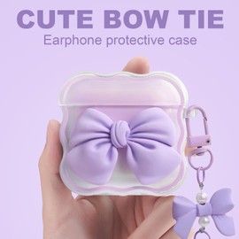 SZXYCZL Case Compatiable for Airpods 4,Cute Bow Pattern Soft TPU Clear Women Protective Cover Case with Bow Keychain for Airpods 4th-Purple
