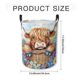Highland Cow Laundry Basket Wildflowers and Butterflies Foldable Laundry Hamper with Handles Clothes Storage Bin for Household Bedroom Bathroom College Dorms