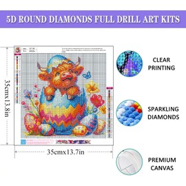 Fotasmua Cows Diamond Painting Kits for Adults, Easter Highland Cows with Eggs Diamond Art Kits for Adults, DIY 5D Full Round Drill Diamond Dots Easter Gem Art Kits Craft for Home Decor 14 X 14 Inch