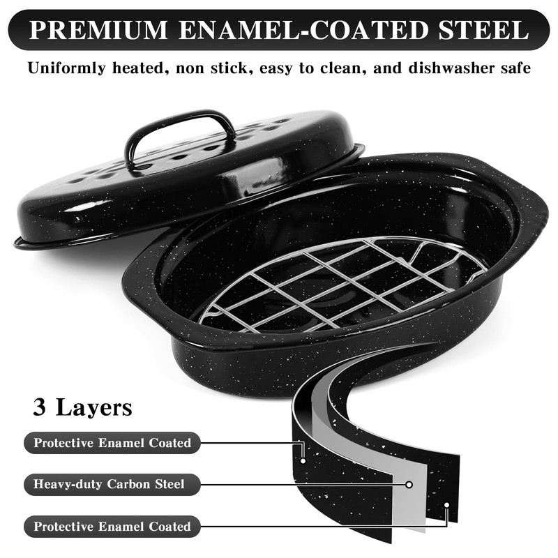 13 Inch Roasting Pan with Lid and Rack, Enamel Carbon