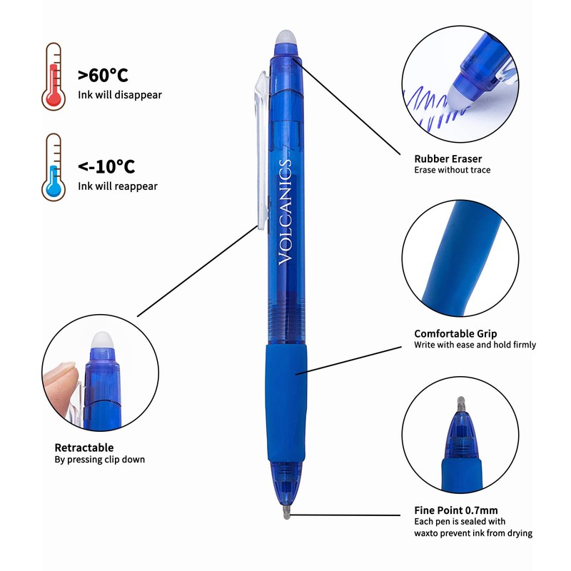 Volcanics Retractable Clicker Erasable Gel Pens - 0.7mm Ball Point,
