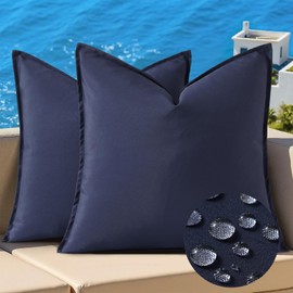 decorUhome Waterproof Linen Outdoor Throw Pillow Covers 18x18 Inch Set of 2 Decorative Farmhouse Solid Pillow Cases with Flange Edges for Summer Couch Sofa Garden Patio Balcony Tent Porch, Navy Blue