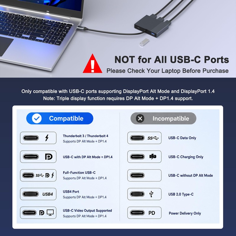 USB C to 3 HDMI Adapter with PD 100W/USB3.0, 4K@60Hz
