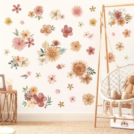 decalmile Boho Daisy Flower Wall Decals Bohemian Retro Watercolor Floral Wall Stickers Baby Nursery Girls Bedroom Living Room Wall Decor