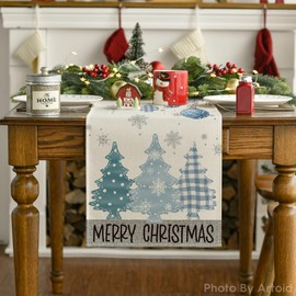 Camino de mesa "Artoid Mode Blue Pine Trees Merry Christmas", decoración navideña y de invierno para cocina, comedor, hogar y fiestas, 13 x 120 pulgadas