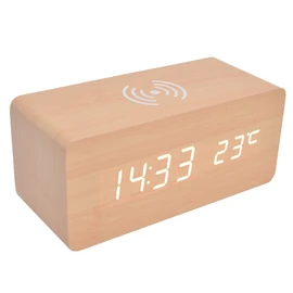 Clock Radios For Bedroom, Digital Alarm Clock with Wireless Charging Wooden Alarm Clock Wood Alarm Clock Automatic Temperature Detection LED Electronic Clock for Bedroom, Office