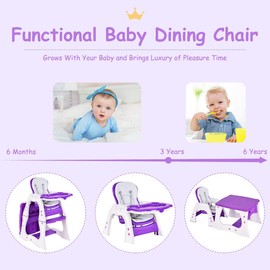 HOMGX 3 in 1 Baby High Chair, Infant Table and Chair Set, Convertible Compact Toddler Highchair with Adjustable Backrest & Dishwasher Safe Tray (Purple)