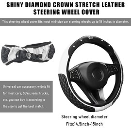 Yourkar Bling Car Steering Wheel Cover, 15 Inch Diamond Crown Leather Auto Steering Wheel Protector, Sparkly Crystal Elastic Stretch Steering Wheel Cover, Car Accessories (White)