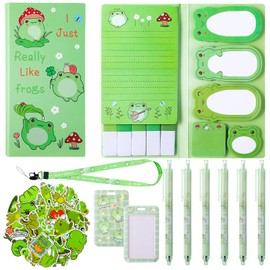 Vyuwast 58 Pcs Frog Stationery Set with Frog Pens, Notebooks, Sticky Notes, Stickers, ID Cards and Lanyard for Frog Lovers, Students, Teachers, Office, School Supplies