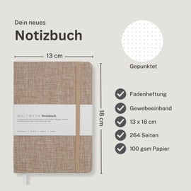 WELTWERK®️ Notizbuch (B6+) Hardcover mit Gewebeeinband - 264 Seiten, 100 g/m² Papier, 18 x 13 cm - Ideal für Notizen und Bullet Journaling (Leinenbeige, dotted)