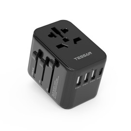 TESSAN Travel Adapter Worldwide, Universal Travel Plug with 3USB, 1USB C and 1AC Socket, International Socket Adapter, Universal Adapter for Germany, USA, England, Italy, Australia, Black