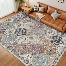 Area Rug, 8x10 Moroccan Trellis Washable Rug Vintage Carpet Low-Pile Non-Slip Rugs Farmhouse Floor Cover for Living Room Dining Bedroom Playroom Nursery Decor, Girl Boy Room Rugs, Pet Friendly, Cream