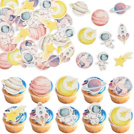 Ephlyn 54Pcs Edible Space Astronaut Cupcake Toppers Edible Rice Paper Space Girl Moon Star Rocket Planet Cupcake Picks Space Theme Women Men Birthday Party Anniversary Party Decorations Supplies Pink