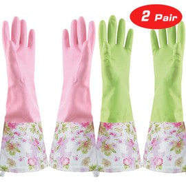 KINGFINGER Rubber Latex Cleaning Gloves, Dishwashing Gloves, Long Cuff and Flock Lining, Household Gloves, Medium, 2 Pairs