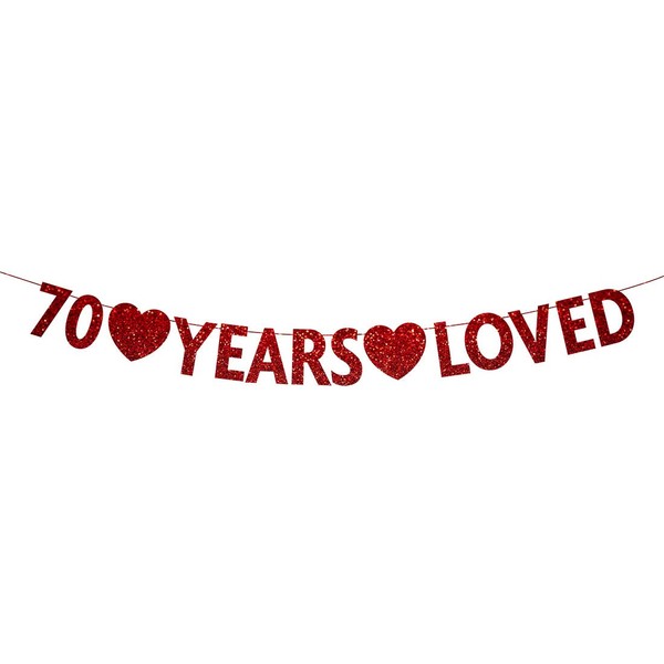 Red 70 Year Loved Banner, Red Glitter Happy 70th Birthday Party Decorations, Supplies