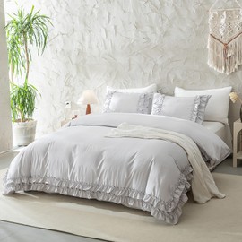 Bedorm Gray Duvet Cover Set Queen Ruffle Bedding Set Pleat Ruffled Shabby Chic Comforter Cover Extra Soft & Easy Care Gray Boho Duvet Cover with Zipper Closure