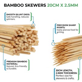 Henbrandt Bamboo Skewers 20cm x 2.5mm - 100 Sticks Per Pack - Kebab Sticks for BBQ Cooking, Craft & Parties - Single Pack (Total 100)