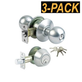 3PK Grade 3-Combo Lockset Entry knob+Deadbolt Keyed Alike Silver+18 Keys GR3ED03