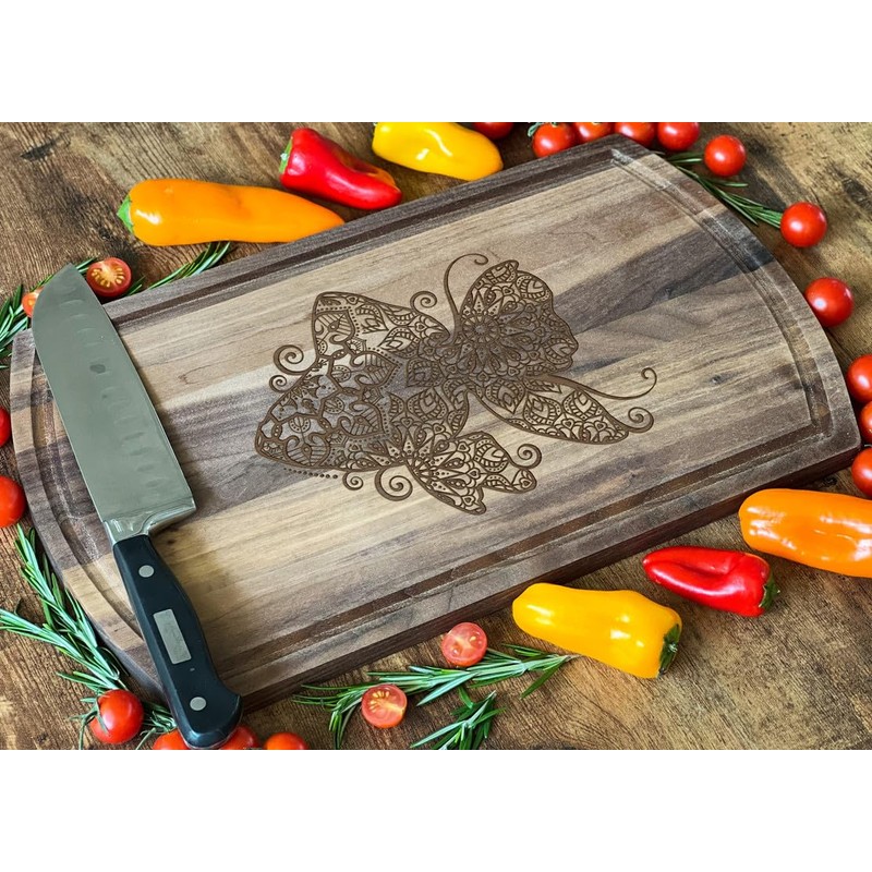 Patterned Butterfly Walnut Cutting Board, 16.75x10 in: Nature-Inspired, Ideal for