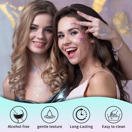 Glitter Body Gel, Face Glitter, Hair Glitter, Long Lasting Glitter Makeup for Face, Body, Eyes, Hair, Nails, DIY Art, Festival Accessories, Party Makeup Decoration, 35 ml * 2 Pieces