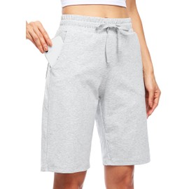 Willit - Pantalones cortos largos de algodón para mujer, de 10 pulgadas, para yoga, ejercicio, hasta la rodilla, entrenamiento, atletismo, con bolsillos, Gris,claro, Small