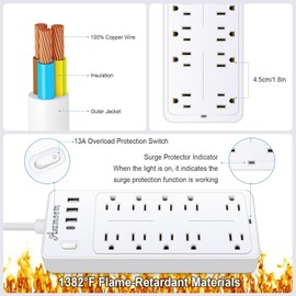 Asamoom 15 FT Power Strips with Surge Protection (1700J,10 Outlets with 4 USB Ports (1 USB C) Long Extension Cord with Multiple Outlets 16Awag 1625W/13A Flat Plug Power Strip Protector White, (EL100)