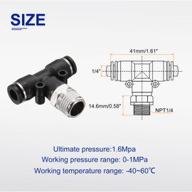 sourcing map 5pcs Pneumatic Male Branch Tee 1/4" Tube OD x 1/4" NPT Thread Quick Push to Connect Brass Air Line Hose Fittings for Industry Air System PT1/4-N02, Black