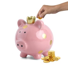 SOBEIT Crown Piggy Bank, Small Coin Bank, Princess Piggy Bank Coin Bank Money Saving Bank for Kids Girls Boys(Pink/4.64”L x 5.51”W x 5.19”H)