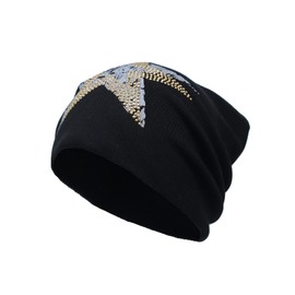 WITHMOONS Cotton Knitted Beanie Hat Star Rhinestone Slouchy Skull Cap YT51353 (Gold)