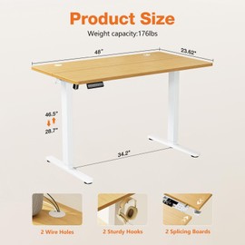 Sweetcrispy Electric Adjustable Height Standing Desk - 48 x 24 inch Sit to Stand Up Desk with Splice Board, Rising Home Office Computer Table with 2 Hook and Wire Hole for Work