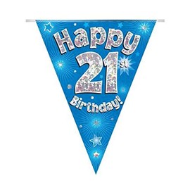 Party Bunting Happy 21st Birthday Blue Holographic 11 flags 3.9m