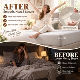 Bed Sheet Holders, 4 Pack, Corner Grippers with Clear Securing Strips to Help Keep Sheets in Place