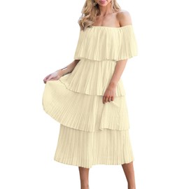 ETCYY Women's Off The Shoulder Ruffles Summer Wedding Guest Loose Casual Chiffon Long Party Beach Maxi Dress(S.Beige Yellow)