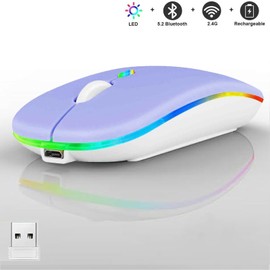 LED Wireless Mouse, Slim Silent Dual-Mode 2.4G+BT Rechargable 7-Color Mouse Portable Mobile Optical Office Mouse with USB Receiver, 3 Adjustable Levels for Notebook, PC, Computer, MacBook (Purple)