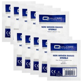 Qualicare None Woven 4PLY Sterile Gauze Medical Swabs Single Pack, 5cm x 5cm Sqaure - 10 Pack (50 Swabs)
