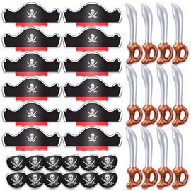 Legigo 36 Pcs Funny Pirate Party Set- Pirate Kids' Party Cosplay Supplies Include 12 Felt Pirate Hats, 12 Pirate Eye Patches, 12 Inflatable Swords for Caribbean Fancy Dress Cosplay Party Stage Prop