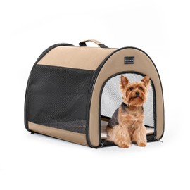 Petsfit Soft Dog Crate for Small Dogs, Arch Design Escape Proof Collapsible& Portable Soft Sided Dog Kennel with Handle,19.5 Inch Pet Carrier,Khaki
