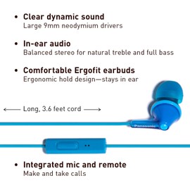 Panasonic ErgoFit Wired Earbuds, In-Ear Headphones with Microphone and Call Controller, Ergonomic Custom-Fit Earpieces (S/M/L), 3.5mm Jack for Phones and Laptops - RP-TCM125-A (Blue)