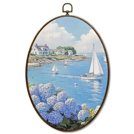JQF Coastal Beach Blue Hydrangea Floral Oval Wall Decor, Luxury Seaside Sailboat Beachy Oval Canvas Wall Art, Coastal Hydrangea Framed Prints Hanging Decor for Home Bedroom Living Room, 8.5x11.5 Inch