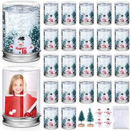 24 Pack Christmas Plastic Snow Globes Kit Includes 24 Clear Snow Globe, 48 Mini Sisal Snow Frost Trees with Base, 24 Miniature Snowman with Artificial Snow for DIY Crafts Home Winter Ornaments